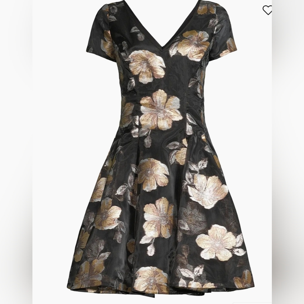 Elegant Black Midi Dress with Gold Floral Pattern